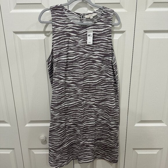 LOFT Zebra Brown White Sleeveless Pocket Linen Shift Dress - Picture 1 of 6